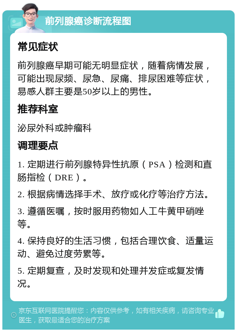 前列腺癌诊断流程图 常见症状 前列腺癌早期可能无明显症状，随着病情发展，可能出现尿频、尿急、尿痛、排尿困难等症状，易感人群主要是50岁以上的男性。 推荐科室 泌尿外科或肿瘤科 调理要点 1. 定期进行前列腺特异性抗原（PSA）检测和直肠指检（DRE）。 2. 根据病情选择手术、放疗或化疗等治疗方法。 3. 遵循医嘱，按时服用药物如人工牛黄甲硝唑等。 4. 保持良好的生活习惯，包括合理饮食、适量运动、避免过度劳累等。 5. 定期复查，及时发现和处理并发症或复发情况。