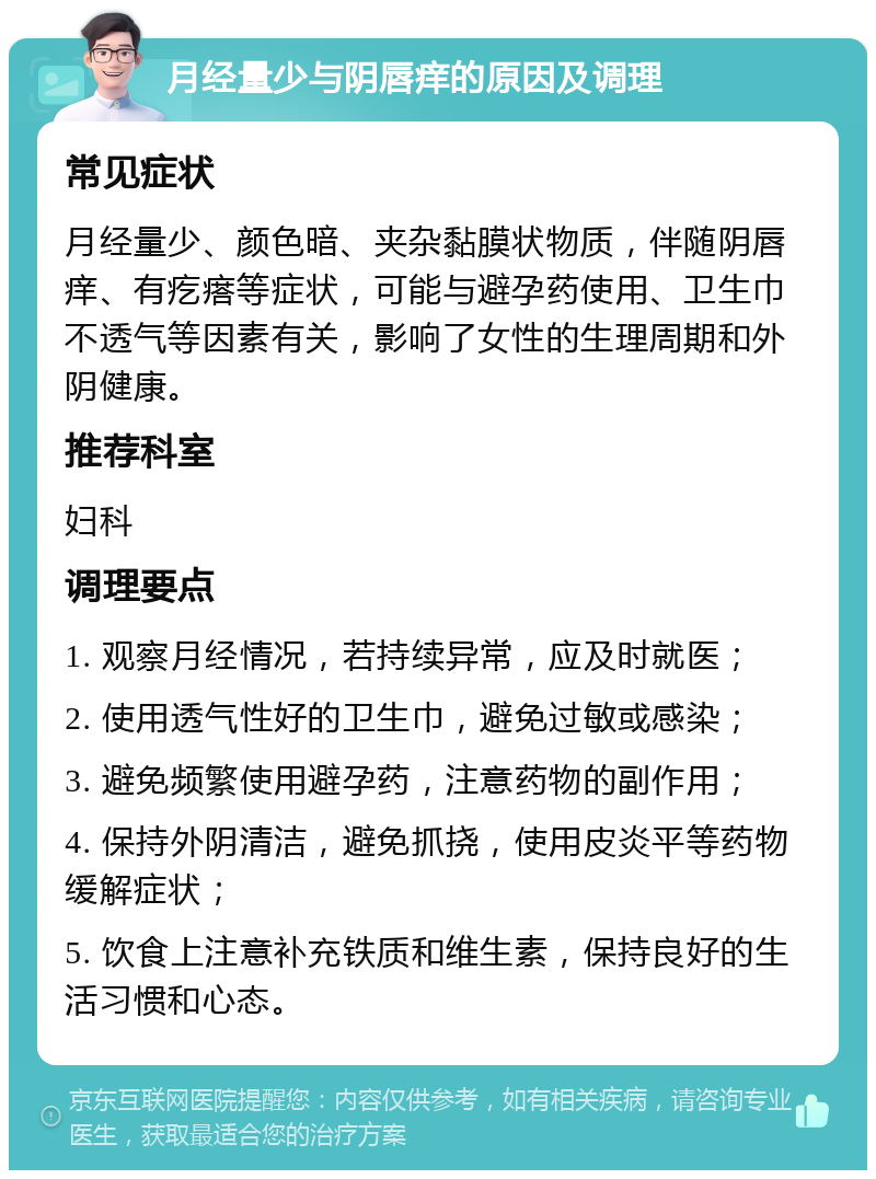 月经量少与阴唇痒的原因及调理 常见症状 月经量少、颜色暗、夹杂黏膜状物质，伴随阴唇痒、有疙瘩等症状，可能与避孕药使用、卫生巾不透气等因素有关，影响了女性的生理周期和外阴健康。 推荐科室 妇科 调理要点 1. 观察月经情况，若持续异常，应及时就医； 2. 使用透气性好的卫生巾，避免过敏或感染； 3. 避免频繁使用避孕药，注意药物的副作用； 4. 保持外阴清洁，避免抓挠，使用皮炎平等药物缓解症状； 5. 饮食上注意补充铁质和维生素，保持良好的生活习惯和心态。