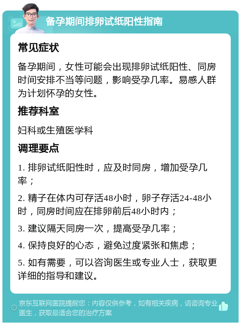 备孕期间排卵试纸阳性指南 常见症状 备孕期间，女性可能会出现排卵试纸阳性、同房时间安排不当等问题，影响受孕几率。易感人群为计划怀孕的女性。 推荐科室 妇科或生殖医学科 调理要点 1. 排卵试纸阳性时，应及时同房，增加受孕几率； 2. 精子在体内可存活48小时，卵子存活24-48小时，同房时间应在排卵前后48小时内； 3. 建议隔天同房一次，提高受孕几率； 4. 保持良好的心态，避免过度紧张和焦虑； 5. 如有需要，可以咨询医生或专业人士，获取更详细的指导和建议。