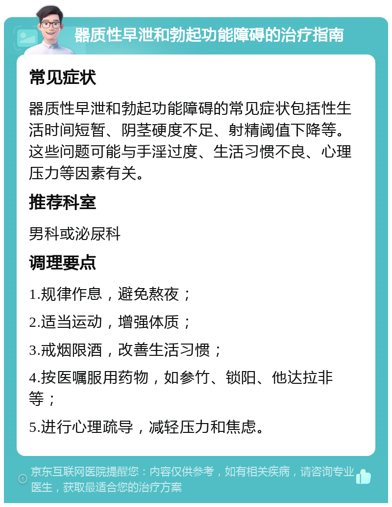 器质性早泄和勃起功能障碍的治疗指南 常见症状 器质性早泄和勃起功能障碍的常见症状包括性生活时间短暂、阴茎硬度不足、射精阈值下降等。这些问题可能与手淫过度、生活习惯不良、心理压力等因素有关。 推荐科室 男科或泌尿科 调理要点 1.规律作息，避免熬夜； 2.适当运动，增强体质； 3.戒烟限酒，改善生活习惯； 4.按医嘱服用药物，如参竹、锁阳、他达拉非等； 5.进行心理疏导，减轻压力和焦虑。