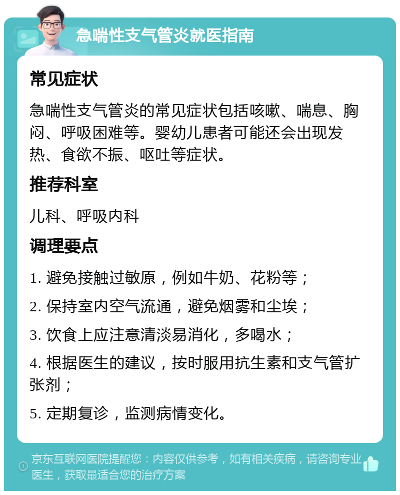 急喘性支气管炎就医指南 常见症状 急喘性支气管炎的常见症状包括咳嗽、喘息、胸闷、呼吸困难等。婴幼儿患者可能还会出现发热、食欲不振、呕吐等症状。 推荐科室 儿科、呼吸内科 调理要点 1. 避免接触过敏原，例如牛奶、花粉等； 2. 保持室内空气流通，避免烟雾和尘埃； 3. 饮食上应注意清淡易消化，多喝水； 4. 根据医生的建议，按时服用抗生素和支气管扩张剂； 5. 定期复诊，监测病情变化。