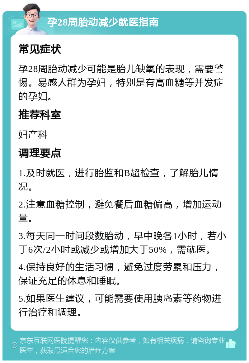 孕28周胎动减少就医指南 常见症状 孕28周胎动减少可能是胎儿缺氧的表现，需要警惕。易感人群为孕妇，特别是有高血糖等并发症的孕妇。 推荐科室 妇产科 调理要点 1.及时就医，进行胎监和B超检查，了解胎儿情况。 2.注意血糖控制，避免餐后血糖偏高，增加运动量。 3.每天同一时间段数胎动，早中晚各1小时，若小于6次/2小时或减少或增加大于50%，需就医。 4.保持良好的生活习惯，避免过度劳累和压力，保证充足的休息和睡眠。 5.如果医生建议，可能需要使用胰岛素等药物进行治疗和调理。