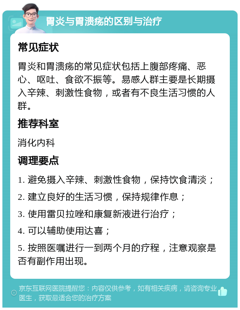 胃炎与胃溃疡的区别与治疗 常见症状 胃炎和胃溃疡的常见症状包括上腹部疼痛、恶心、呕吐、食欲不振等。易感人群主要是长期摄入辛辣、刺激性食物，或者有不良生活习惯的人群。 推荐科室 消化内科 调理要点 1. 避免摄入辛辣、刺激性食物，保持饮食清淡； 2. 建立良好的生活习惯，保持规律作息； 3. 使用雷贝拉唑和康复新液进行治疗； 4. 可以辅助使用达喜； 5. 按照医嘱进行一到两个月的疗程，注意观察是否有副作用出现。