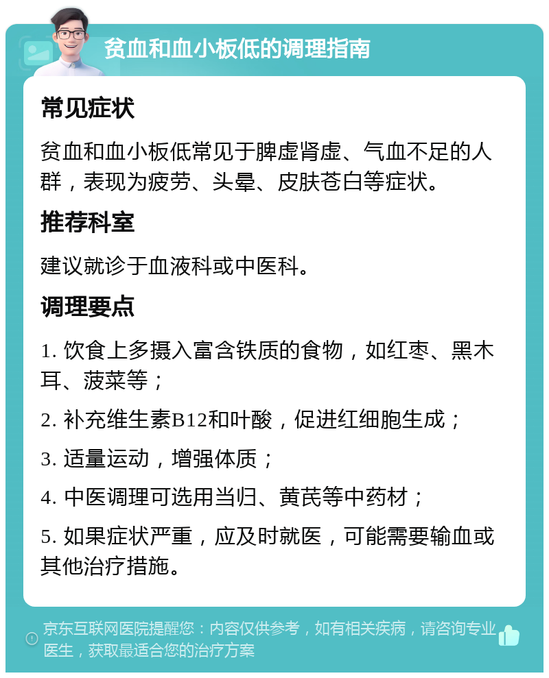 贫血和血小板低的调理指南 常见症状 贫血和血小板低常见于脾虚肾虚、气血不足的人群，表现为疲劳、头晕、皮肤苍白等症状。 推荐科室 建议就诊于血液科或中医科。 调理要点 1. 饮食上多摄入富含铁质的食物，如红枣、黑木耳、菠菜等； 2. 补充维生素B12和叶酸，促进红细胞生成； 3. 适量运动，增强体质； 4. 中医调理可选用当归、黄芪等中药材； 5. 如果症状严重，应及时就医，可能需要输血或其他治疗措施。