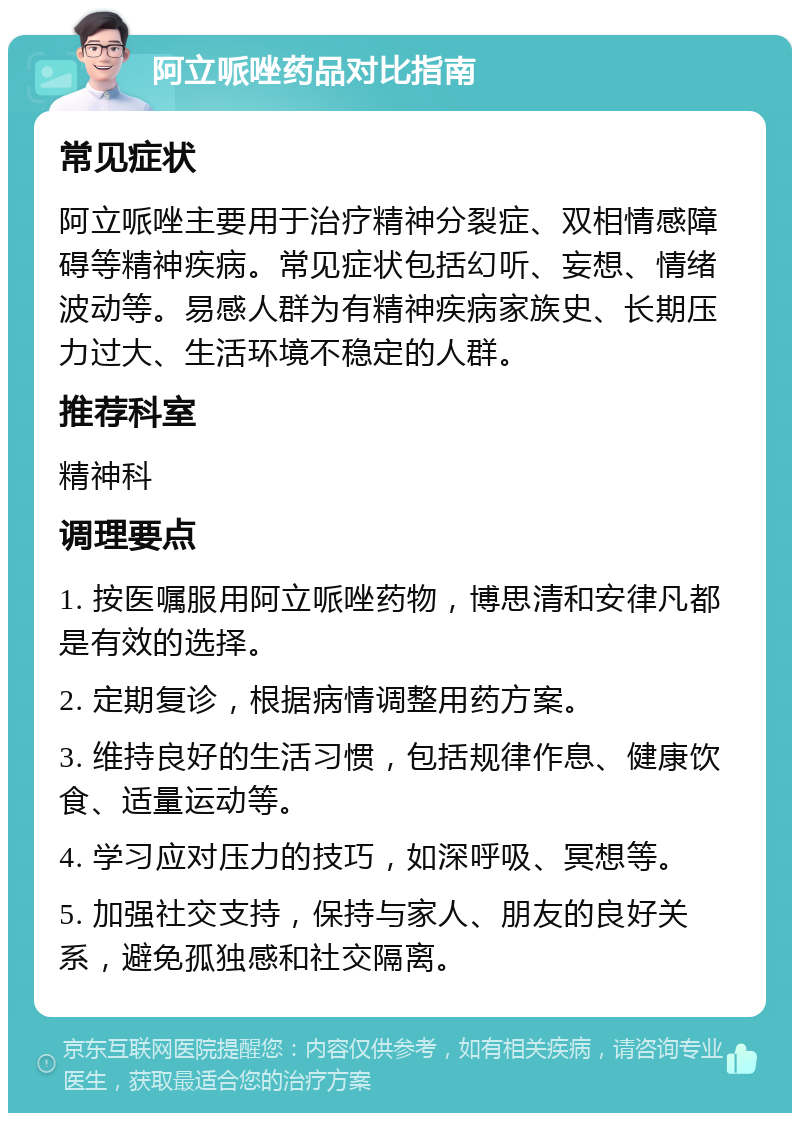 阿立哌唑药品对比指南 常见症状 阿立哌唑主要用于治疗精神分裂症、双相情感障碍等精神疾病。常见症状包括幻听、妄想、情绪波动等。易感人群为有精神疾病家族史、长期压力过大、生活环境不稳定的人群。 推荐科室 精神科 调理要点 1. 按医嘱服用阿立哌唑药物，博思清和安律凡都是有效的选择。 2. 定期复诊，根据病情调整用药方案。 3. 维持良好的生活习惯，包括规律作息、健康饮食、适量运动等。 4. 学习应对压力的技巧，如深呼吸、冥想等。 5. 加强社交支持，保持与家人、朋友的良好关系，避免孤独感和社交隔离。