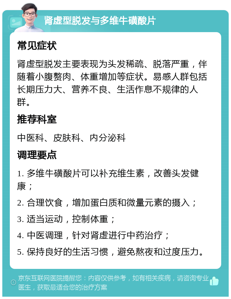 肾虚型脱发与多维牛磺酸片 常见症状 肾虚型脱发主要表现为头发稀疏、脱落严重，伴随着小腹赘肉、体重增加等症状。易感人群包括长期压力大、营养不良、生活作息不规律的人群。 推荐科室 中医科、皮肤科、内分泌科 调理要点 1. 多维牛磺酸片可以补充维生素，改善头发健康； 2. 合理饮食，增加蛋白质和微量元素的摄入； 3. 适当运动，控制体重； 4. 中医调理，针对肾虚进行中药治疗； 5. 保持良好的生活习惯，避免熬夜和过度压力。