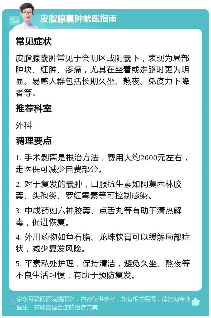 皮脂腺囊肿就医指南 常见症状 皮脂腺囊肿常见于会阴区或阴囊下，表现为局部肿块、红肿、疼痛，尤其在坐着或走路时更为明显。易感人群包括长期久坐、熬夜、免疫力下降者等。 推荐科室 外科 调理要点 1. 手术剥离是根治方法，费用大约2000元左右，走医保可减少自费部分。 2. 对于复发的囊肿，口服抗生素如阿莫西林胶囊、头孢类、罗红霉素等可控制感染。 3. 中成药如六神胶囊、点舌丸等有助于清热解毒，促进恢复。 4. 外用药物如鱼石脂、龙珠软膏可以缓解局部症状，减少复发风险。 5. 平素私处护理，保持清洁，避免久坐、熬夜等不良生活习惯，有助于预防复发。