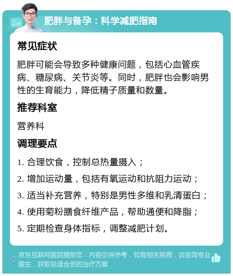 肥胖与备孕：科学减肥指南 常见症状 肥胖可能会导致多种健康问题，包括心血管疾病、糖尿病、关节炎等。同时，肥胖也会影响男性的生育能力，降低精子质量和数量。 推荐科室 营养科 调理要点 1. 合理饮食，控制总热量摄入； 2. 增加运动量，包括有氧运动和抗阻力运动； 3. 适当补充营养，特别是男性多维和乳清蛋白； 4. 使用菊粉膳食纤维产品，帮助通便和降脂； 5. 定期检查身体指标，调整减肥计划。