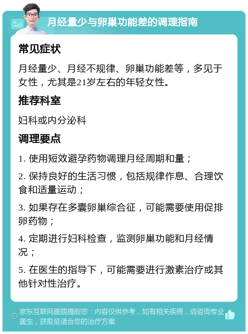 月经量少与卵巢功能差的调理指南 常见症状 月经量少、月经不规律、卵巢功能差等，多见于女性，尤其是21岁左右的年轻女性。 推荐科室 妇科或内分泌科 调理要点 1. 使用短效避孕药物调理月经周期和量； 2. 保持良好的生活习惯，包括规律作息、合理饮食和适量运动； 3. 如果存在多囊卵巢综合征，可能需要使用促排卵药物； 4. 定期进行妇科检查，监测卵巢功能和月经情况； 5. 在医生的指导下，可能需要进行激素治疗或其他针对性治疗。