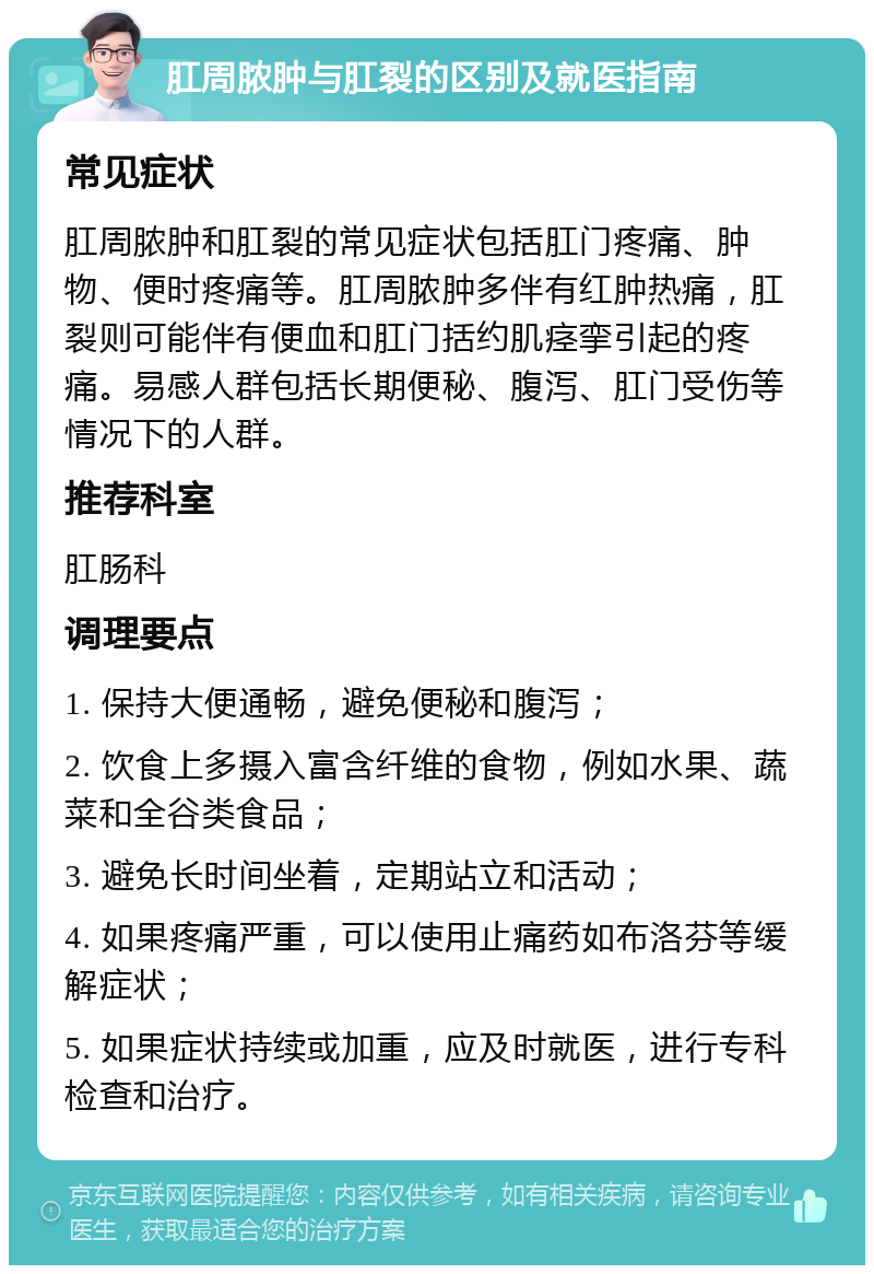 肛周脓肿与肛裂的区别及就医指南 常见症状 肛周脓肿和肛裂的常见症状包括肛门疼痛、肿物、便时疼痛等。肛周脓肿多伴有红肿热痛，肛裂则可能伴有便血和肛门括约肌痉挛引起的疼痛。易感人群包括长期便秘、腹泻、肛门受伤等情况下的人群。 推荐科室 肛肠科 调理要点 1. 保持大便通畅，避免便秘和腹泻； 2. 饮食上多摄入富含纤维的食物，例如水果、蔬菜和全谷类食品； 3. 避免长时间坐着，定期站立和活动； 4. 如果疼痛严重，可以使用止痛药如布洛芬等缓解症状； 5. 如果症状持续或加重，应及时就医，进行专科检查和治疗。