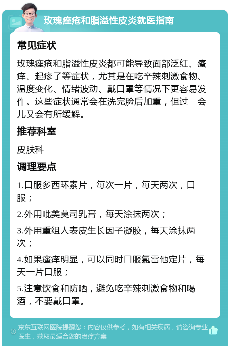 玫瑰痤疮和脂溢性皮炎就医指南 常见症状 玫瑰痤疮和脂溢性皮炎都可能导致面部泛红、瘙痒、起疹子等症状，尤其是在吃辛辣刺激食物、温度变化、情绪波动、戴口罩等情况下更容易发作。这些症状通常会在洗完脸后加重，但过一会儿又会有所缓解。 推荐科室 皮肤科 调理要点 1.口服多西环素片，每次一片，每天两次，口服； 2.外用吡美莫司乳膏，每天涂抹两次； 3.外用重组人表皮生长因子凝胶，每天涂抹两次； 4.如果瘙痒明显，可以同时口服氯雷他定片，每天一片口服； 5.注意饮食和防晒，避免吃辛辣刺激食物和喝酒，不要戴口罩。