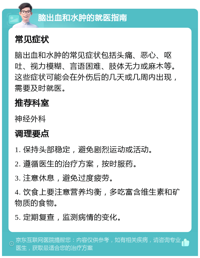 脑出血和水肿的就医指南 常见症状 脑出血和水肿的常见症状包括头痛、恶心、呕吐、视力模糊、言语困难、肢体无力或麻木等。这些症状可能会在外伤后的几天或几周内出现，需要及时就医。 推荐科室 神经外科 调理要点 1. 保持头部稳定，避免剧烈运动或活动。 2. 遵循医生的治疗方案，按时服药。 3. 注意休息，避免过度疲劳。 4. 饮食上要注意营养均衡，多吃富含维生素和矿物质的食物。 5. 定期复查，监测病情的变化。