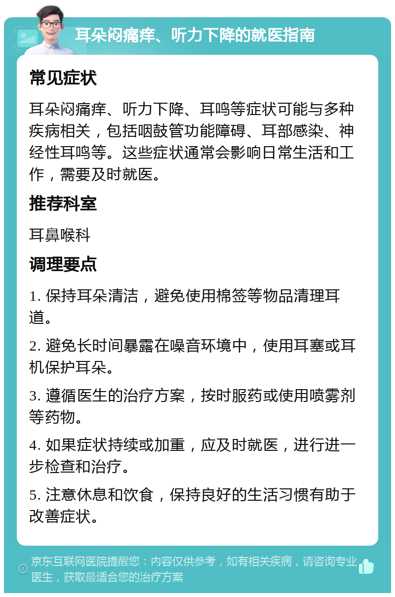 耳朵闷痛痒、听力下降的就医指南 常见症状 耳朵闷痛痒、听力下降、耳鸣等症状可能与多种疾病相关，包括咽鼓管功能障碍、耳部感染、神经性耳鸣等。这些症状通常会影响日常生活和工作，需要及时就医。 推荐科室 耳鼻喉科 调理要点 1. 保持耳朵清洁，避免使用棉签等物品清理耳道。 2. 避免长时间暴露在噪音环境中，使用耳塞或耳机保护耳朵。 3. 遵循医生的治疗方案，按时服药或使用喷雾剂等药物。 4. 如果症状持续或加重，应及时就医，进行进一步检查和治疗。 5. 注意休息和饮食，保持良好的生活习惯有助于改善症状。