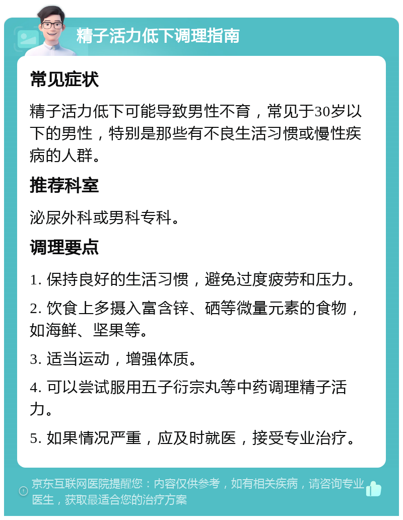 精子活力低下调理指南 常见症状 精子活力低下可能导致男性不育，常见于30岁以下的男性，特别是那些有不良生活习惯或慢性疾病的人群。 推荐科室 泌尿外科或男科专科。 调理要点 1. 保持良好的生活习惯，避免过度疲劳和压力。 2. 饮食上多摄入富含锌、硒等微量元素的食物，如海鲜、坚果等。 3. 适当运动，增强体质。 4. 可以尝试服用五子衍宗丸等中药调理精子活力。 5. 如果情况严重，应及时就医，接受专业治疗。