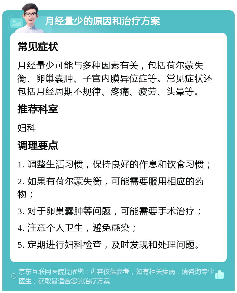 月经量少的原因和治疗方案 常见症状 月经量少可能与多种因素有关，包括荷尔蒙失衡、卵巢囊肿、子宫内膜异位症等。常见症状还包括月经周期不规律、疼痛、疲劳、头晕等。 推荐科室 妇科 调理要点 1. 调整生活习惯，保持良好的作息和饮食习惯； 2. 如果有荷尔蒙失衡，可能需要服用相应的药物； 3. 对于卵巢囊肿等问题，可能需要手术治疗； 4. 注意个人卫生，避免感染； 5. 定期进行妇科检查，及时发现和处理问题。