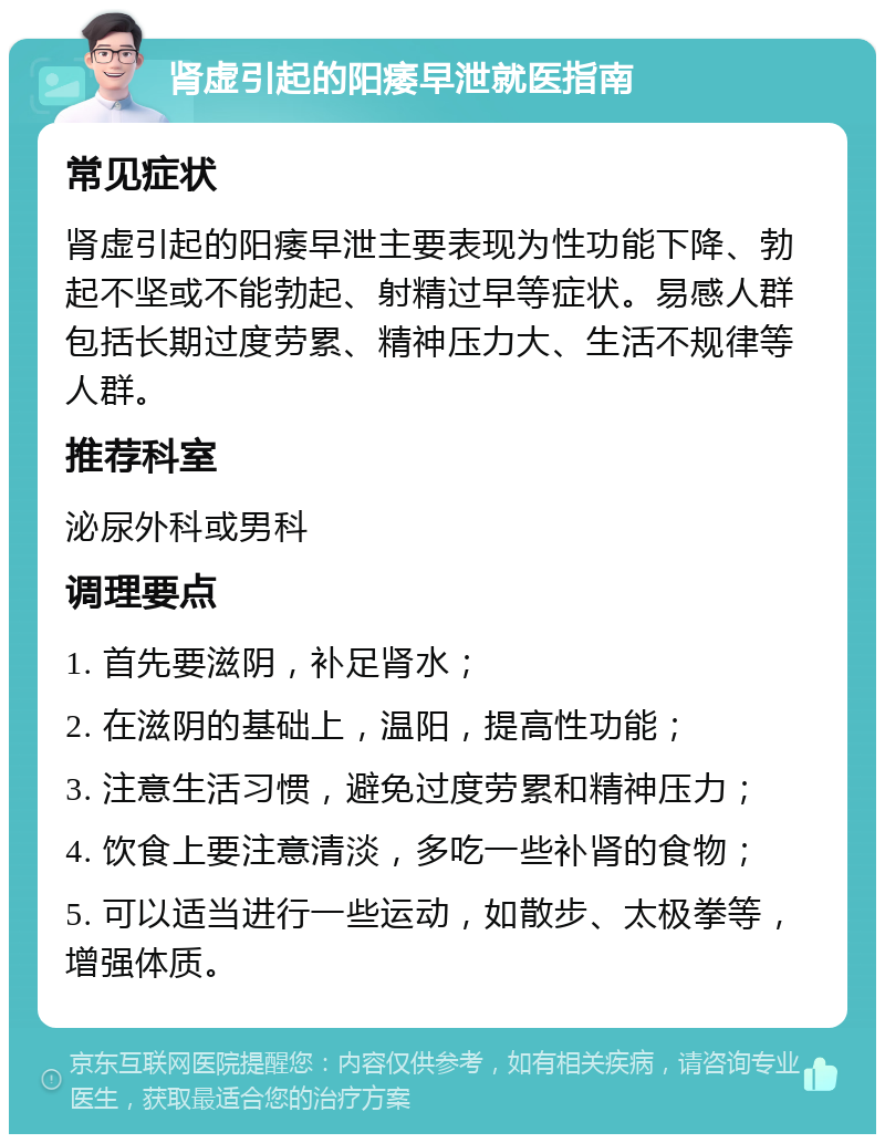 肾虚引起的阳痿早泄就医指南 常见症状 肾虚引起的阳痿早泄主要表现为性功能下降、勃起不坚或不能勃起、射精过早等症状。易感人群包括长期过度劳累、精神压力大、生活不规律等人群。 推荐科室 泌尿外科或男科 调理要点 1. 首先要滋阴，补足肾水； 2. 在滋阴的基础上，温阳，提高性功能； 3. 注意生活习惯，避免过度劳累和精神压力； 4. 饮食上要注意清淡，多吃一些补肾的食物； 5. 可以适当进行一些运动，如散步、太极拳等，增强体质。