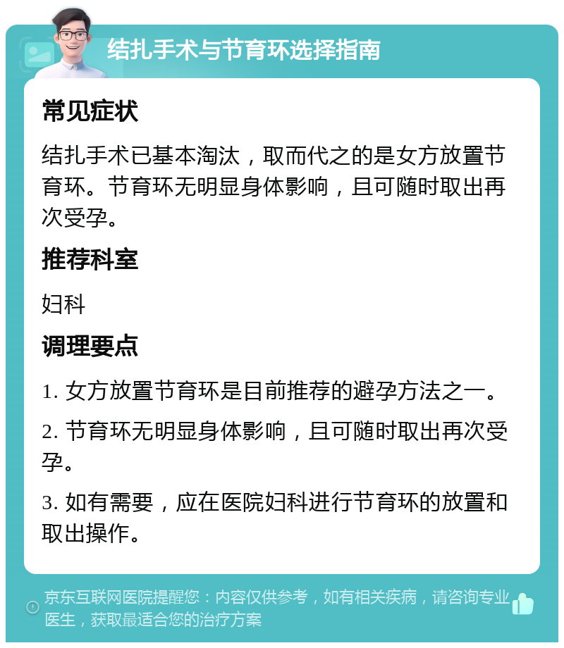 结扎手术与节育环选择指南 常见症状 结扎手术已基本淘汰，取而代之的是女方放置节育环。节育环无明显身体影响，且可随时取出再次受孕。 推荐科室 妇科 调理要点 1. 女方放置节育环是目前推荐的避孕方法之一。 2. 节育环无明显身体影响，且可随时取出再次受孕。 3. 如有需要，应在医院妇科进行节育环的放置和取出操作。