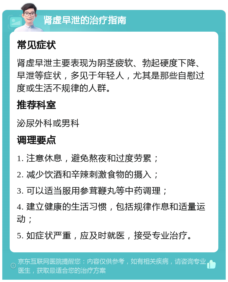 肾虚早泄的治疗指南 常见症状 肾虚早泄主要表现为阴茎疲软、勃起硬度下降、早泄等症状，多见于年轻人，尤其是那些自慰过度或生活不规律的人群。 推荐科室 泌尿外科或男科 调理要点 1. 注意休息，避免熬夜和过度劳累； 2. 减少饮酒和辛辣刺激食物的摄入； 3. 可以适当服用参茸鞭丸等中药调理； 4. 建立健康的生活习惯，包括规律作息和适量运动； 5. 如症状严重，应及时就医，接受专业治疗。