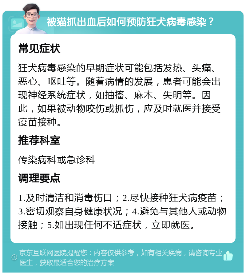 被猫抓出血后如何预防狂犬病毒感染？ 常见症状 狂犬病毒感染的早期症状可能包括发热、头痛、恶心、呕吐等。随着病情的发展，患者可能会出现神经系统症状，如抽搐、麻木、失明等。因此，如果被动物咬伤或抓伤，应及时就医并接受疫苗接种。 推荐科室 传染病科或急诊科 调理要点 1.及时清洁和消毒伤口；2.尽快接种狂犬病疫苗；3.密切观察自身健康状况；4.避免与其他人或动物接触；5.如出现任何不适症状，立即就医。