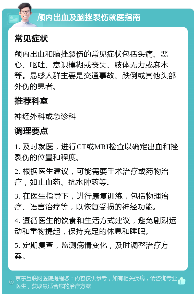 颅内出血及脑挫裂伤就医指南 常见症状 颅内出血和脑挫裂伤的常见症状包括头痛、恶心、呕吐、意识模糊或丧失、肢体无力或麻木等。易感人群主要是交通事故、跌倒或其他头部外伤的患者。 推荐科室 神经外科或急诊科 调理要点 1. 及时就医，进行CT或MRI检查以确定出血和挫裂伤的位置和程度。 2. 根据医生建议，可能需要手术治疗或药物治疗，如止血药、抗水肿药等。 3. 在医生指导下，进行康复训练，包括物理治疗、语言治疗等，以恢复受损的神经功能。 4. 遵循医生的饮食和生活方式建议，避免剧烈运动和重物提起，保持充足的休息和睡眠。 5. 定期复查，监测病情变化，及时调整治疗方案。