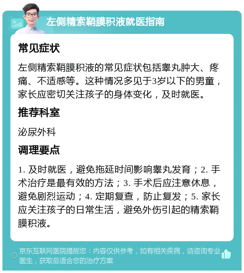 左侧精索鞘膜积液就医指南 常见症状 左侧精索鞘膜积液的常见症状包括睾丸肿大、疼痛、不适感等。这种情况多见于3岁以下的男童，家长应密切关注孩子的身体变化，及时就医。 推荐科室 泌尿外科 调理要点 1. 及时就医，避免拖延时间影响睾丸发育；2. 手术治疗是最有效的方法；3. 手术后应注意休息，避免剧烈运动；4. 定期复查，防止复发；5. 家长应关注孩子的日常生活，避免外伤引起的精索鞘膜积液。