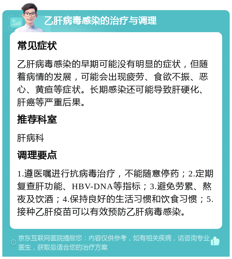 乙肝病毒感染的治疗与调理 常见症状 乙肝病毒感染的早期可能没有明显的症状，但随着病情的发展，可能会出现疲劳、食欲不振、恶心、黄疸等症状。长期感染还可能导致肝硬化、肝癌等严重后果。 推荐科室 肝病科 调理要点 1.遵医嘱进行抗病毒治疗，不能随意停药；2.定期复查肝功能、HBV-DNA等指标；3.避免劳累、熬夜及饮酒；4.保持良好的生活习惯和饮食习惯；5.接种乙肝疫苗可以有效预防乙肝病毒感染。