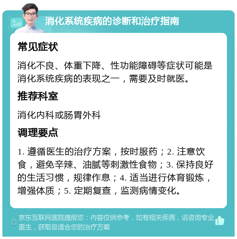 消化系统疾病的诊断和治疗指南 常见症状 消化不良、体重下降、性功能障碍等症状可能是消化系统疾病的表现之一，需要及时就医。 推荐科室 消化内科或肠胃外科 调理要点 1. 遵循医生的治疗方案，按时服药；2. 注意饮食，避免辛辣、油腻等刺激性食物；3. 保持良好的生活习惯，规律作息；4. 适当进行体育锻炼，增强体质；5. 定期复查，监测病情变化。