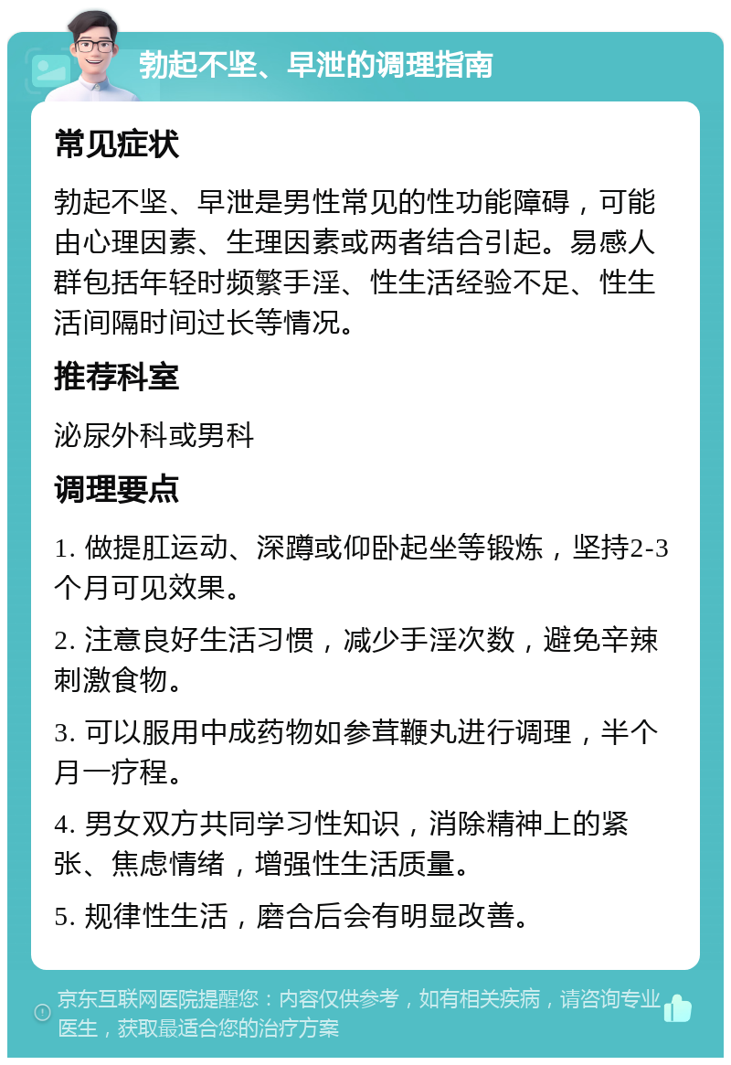 勃起不坚、早泄的调理指南 常见症状 勃起不坚、早泄是男性常见的性功能障碍，可能由心理因素、生理因素或两者结合引起。易感人群包括年轻时频繁手淫、性生活经验不足、性生活间隔时间过长等情况。 推荐科室 泌尿外科或男科 调理要点 1. 做提肛运动、深蹲或仰卧起坐等锻炼，坚持2-3个月可见效果。 2. 注意良好生活习惯，减少手淫次数，避免辛辣刺激食物。 3. 可以服用中成药物如参茸鞭丸进行调理，半个月一疗程。 4. 男女双方共同学习性知识，消除精神上的紧张、焦虑情绪，增强性生活质量。 5. 规律性生活，磨合后会有明显改善。