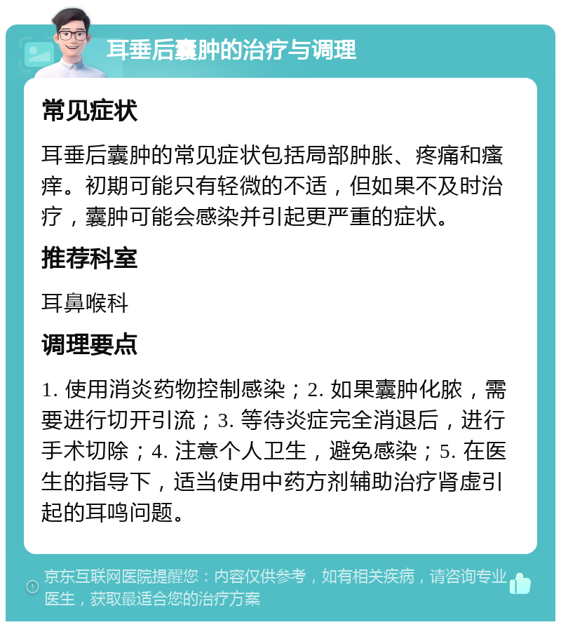 耳垂后囊肿的治疗与调理 常见症状 耳垂后囊肿的常见症状包括局部肿胀、疼痛和瘙痒。初期可能只有轻微的不适，但如果不及时治疗，囊肿可能会感染并引起更严重的症状。 推荐科室 耳鼻喉科 调理要点 1. 使用消炎药物控制感染；2. 如果囊肿化脓，需要进行切开引流；3. 等待炎症完全消退后，进行手术切除；4. 注意个人卫生，避免感染；5. 在医生的指导下，适当使用中药方剂辅助治疗肾虚引起的耳鸣问题。