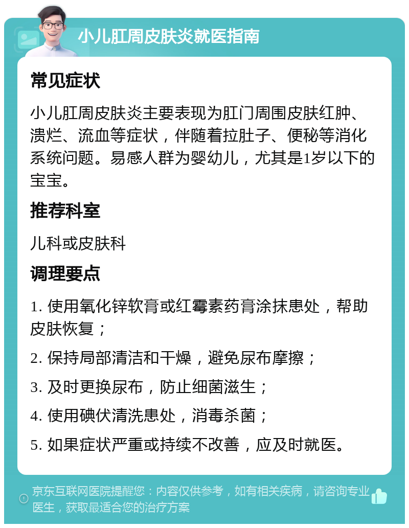 小儿肛周皮肤炎就医指南 常见症状 小儿肛周皮肤炎主要表现为肛门周围皮肤红肿、溃烂、流血等症状，伴随着拉肚子、便秘等消化系统问题。易感人群为婴幼儿，尤其是1岁以下的宝宝。 推荐科室 儿科或皮肤科 调理要点 1. 使用氧化锌软膏或红霉素药膏涂抹患处，帮助皮肤恢复； 2. 保持局部清洁和干燥，避免尿布摩擦； 3. 及时更换尿布，防止细菌滋生； 4. 使用碘伏清洗患处，消毒杀菌； 5. 如果症状严重或持续不改善，应及时就医。