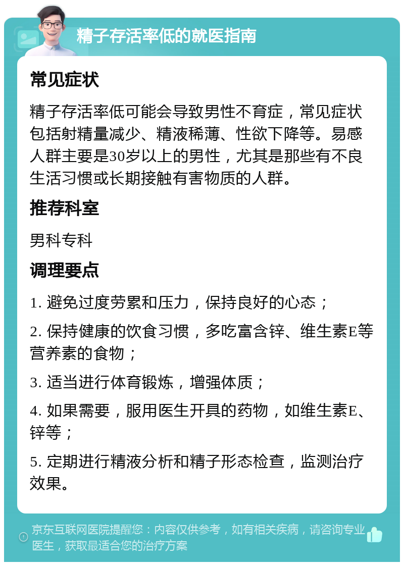 精子存活率低的就医指南 常见症状 精子存活率低可能会导致男性不育症，常见症状包括射精量减少、精液稀薄、性欲下降等。易感人群主要是30岁以上的男性，尤其是那些有不良生活习惯或长期接触有害物质的人群。 推荐科室 男科专科 调理要点 1. 避免过度劳累和压力，保持良好的心态； 2. 保持健康的饮食习惯，多吃富含锌、维生素E等营养素的食物； 3. 适当进行体育锻炼，增强体质； 4. 如果需要，服用医生开具的药物，如维生素E、锌等； 5. 定期进行精液分析和精子形态检查，监测治疗效果。