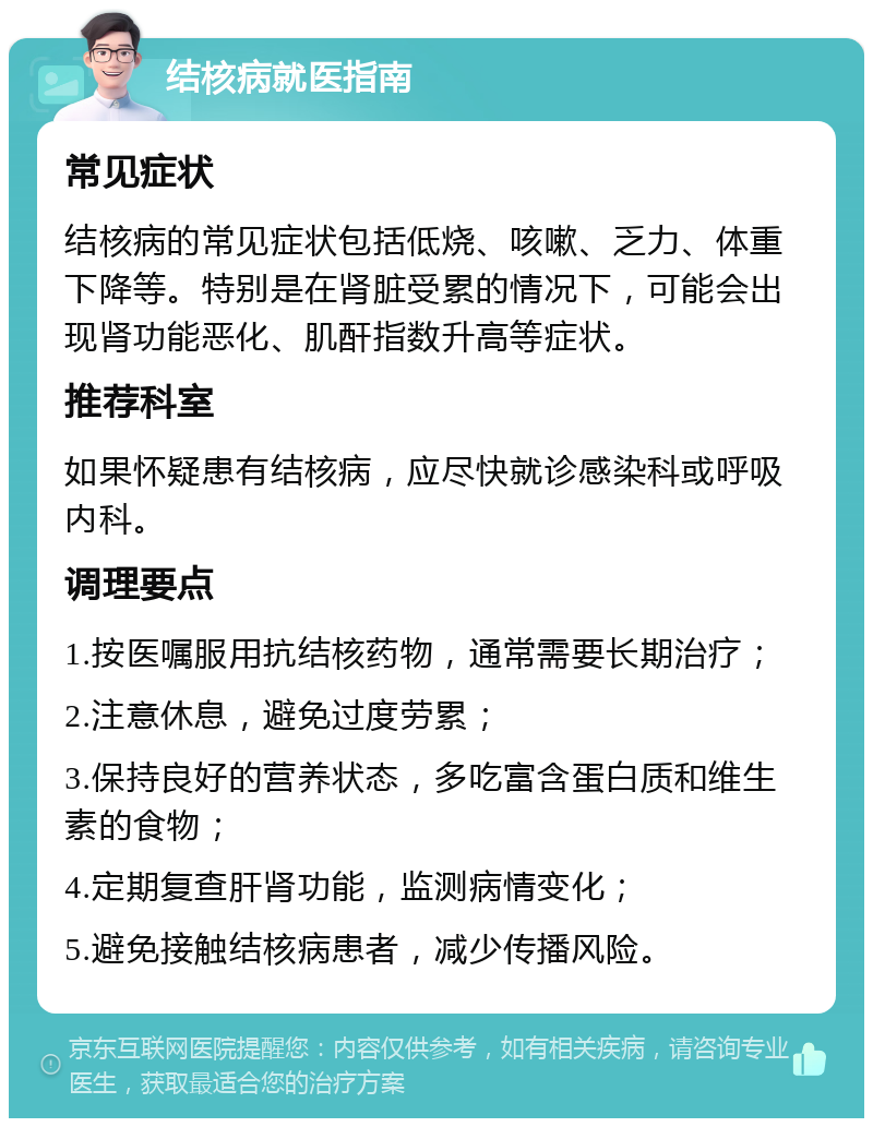 结核病就医指南 常见症状 结核病的常见症状包括低烧、咳嗽、乏力、体重下降等。特别是在肾脏受累的情况下，可能会出现肾功能恶化、肌酐指数升高等症状。 推荐科室 如果怀疑患有结核病，应尽快就诊感染科或呼吸内科。 调理要点 1.按医嘱服用抗结核药物，通常需要长期治疗； 2.注意休息，避免过度劳累； 3.保持良好的营养状态，多吃富含蛋白质和维生素的食物； 4.定期复查肝肾功能，监测病情变化； 5.避免接触结核病患者，减少传播风险。