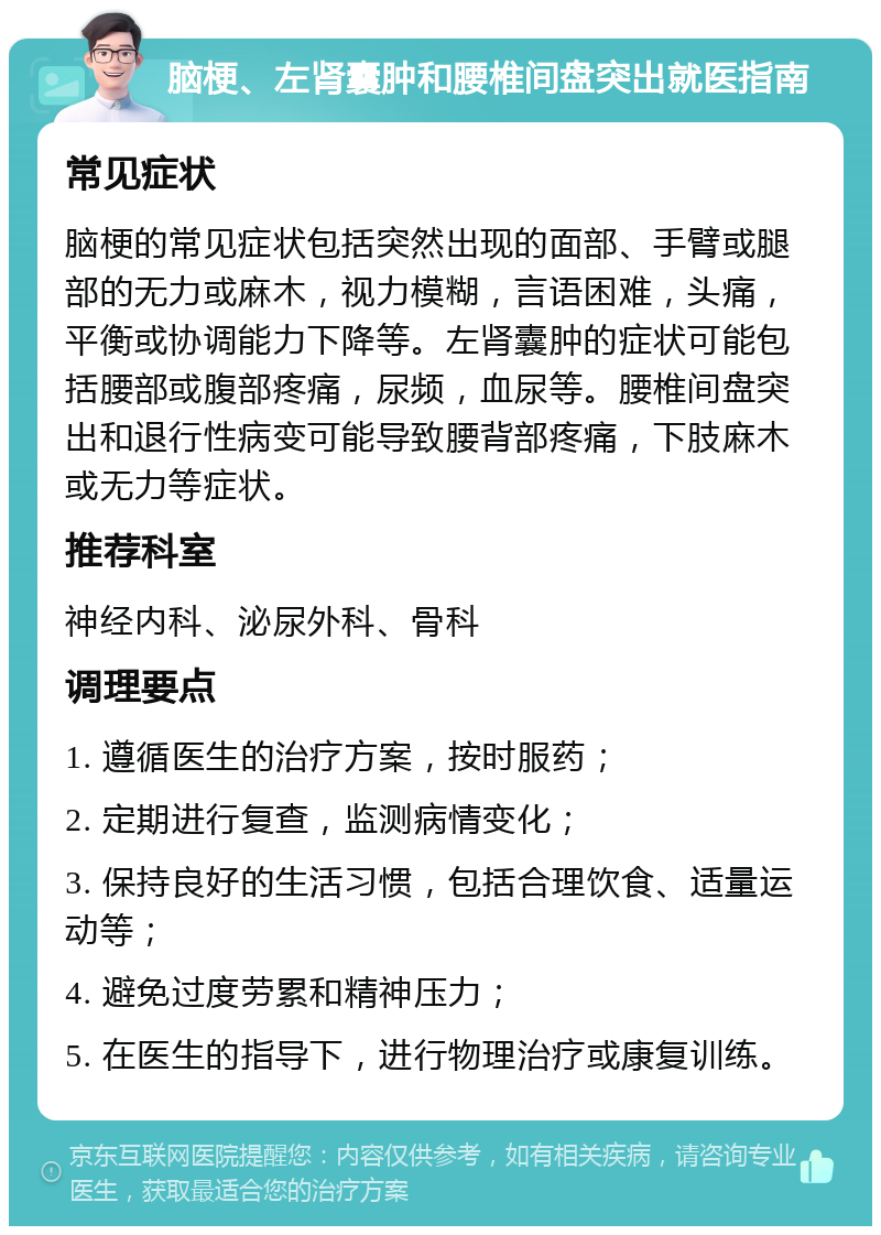 脑梗、左肾囊肿和腰椎间盘突出就医指南 常见症状 脑梗的常见症状包括突然出现的面部、手臂或腿部的无力或麻木，视力模糊，言语困难，头痛，平衡或协调能力下降等。左肾囊肿的症状可能包括腰部或腹部疼痛，尿频，血尿等。腰椎间盘突出和退行性病变可能导致腰背部疼痛，下肢麻木或无力等症状。 推荐科室 神经内科、泌尿外科、骨科 调理要点 1. 遵循医生的治疗方案，按时服药； 2. 定期进行复查，监测病情变化； 3. 保持良好的生活习惯，包括合理饮食、适量运动等； 4. 避免过度劳累和精神压力； 5. 在医生的指导下，进行物理治疗或康复训练。