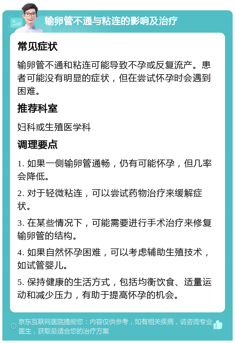 输卵管不通与粘连的影响及治疗 常见症状 输卵管不通和粘连可能导致不孕或反复流产。患者可能没有明显的症状，但在尝试怀孕时会遇到困难。 推荐科室 妇科或生殖医学科 调理要点 1. 如果一侧输卵管通畅，仍有可能怀孕，但几率会降低。 2. 对于轻微粘连，可以尝试药物治疗来缓解症状。 3. 在某些情况下，可能需要进行手术治疗来修复输卵管的结构。 4. 如果自然怀孕困难，可以考虑辅助生殖技术，如试管婴儿。 5. 保持健康的生活方式，包括均衡饮食、适量运动和减少压力，有助于提高怀孕的机会。