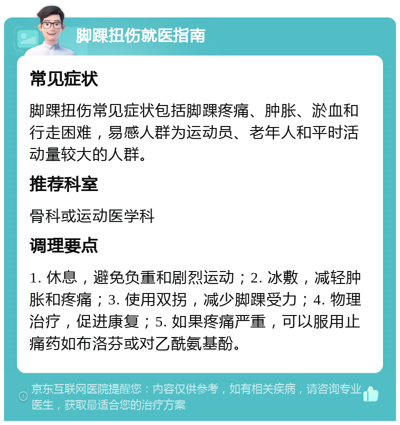 脚踝扭伤就医指南 常见症状 脚踝扭伤常见症状包括脚踝疼痛、肿胀、淤血和行走困难，易感人群为运动员、老年人和平时活动量较大的人群。 推荐科室 骨科或运动医学科 调理要点 1. 休息，避免负重和剧烈运动；2. 冰敷，减轻肿胀和疼痛；3. 使用双拐，减少脚踝受力；4. 物理治疗，促进康复；5. 如果疼痛严重，可以服用止痛药如布洛芬或对乙酰氨基酚。