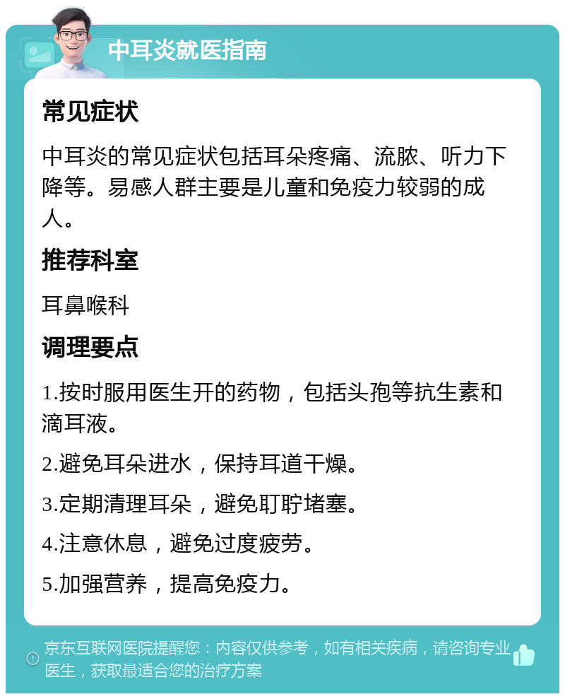 中耳炎就医指南 常见症状 中耳炎的常见症状包括耳朵疼痛、流脓、听力下降等。易感人群主要是儿童和免疫力较弱的成人。 推荐科室 耳鼻喉科 调理要点 1.按时服用医生开的药物，包括头孢等抗生素和滴耳液。 2.避免耳朵进水，保持耳道干燥。 3.定期清理耳朵，避免耵聍堵塞。 4.注意休息，避免过度疲劳。 5.加强营养，提高免疫力。