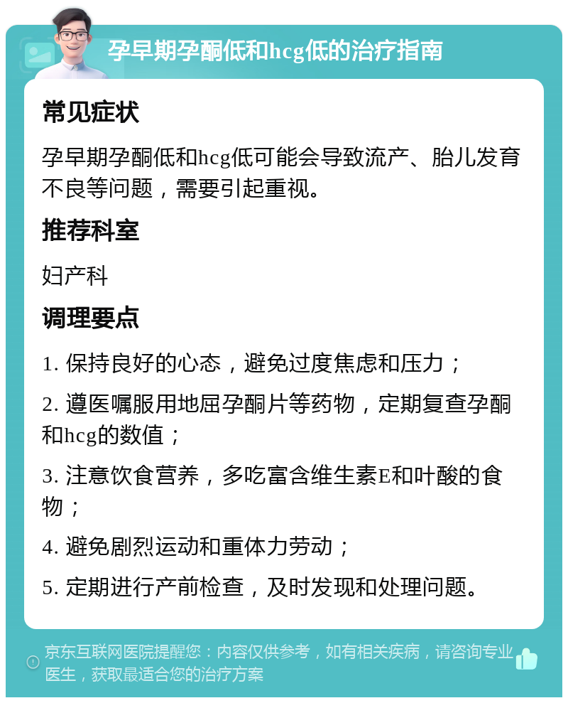 孕早期孕酮低和hcg低的治疗指南 常见症状 孕早期孕酮低和hcg低可能会导致流产、胎儿发育不良等问题，需要引起重视。 推荐科室 妇产科 调理要点 1. 保持良好的心态，避免过度焦虑和压力； 2. 遵医嘱服用地屈孕酮片等药物，定期复查孕酮和hcg的数值； 3. 注意饮食营养，多吃富含维生素E和叶酸的食物； 4. 避免剧烈运动和重体力劳动； 5. 定期进行产前检查，及时发现和处理问题。