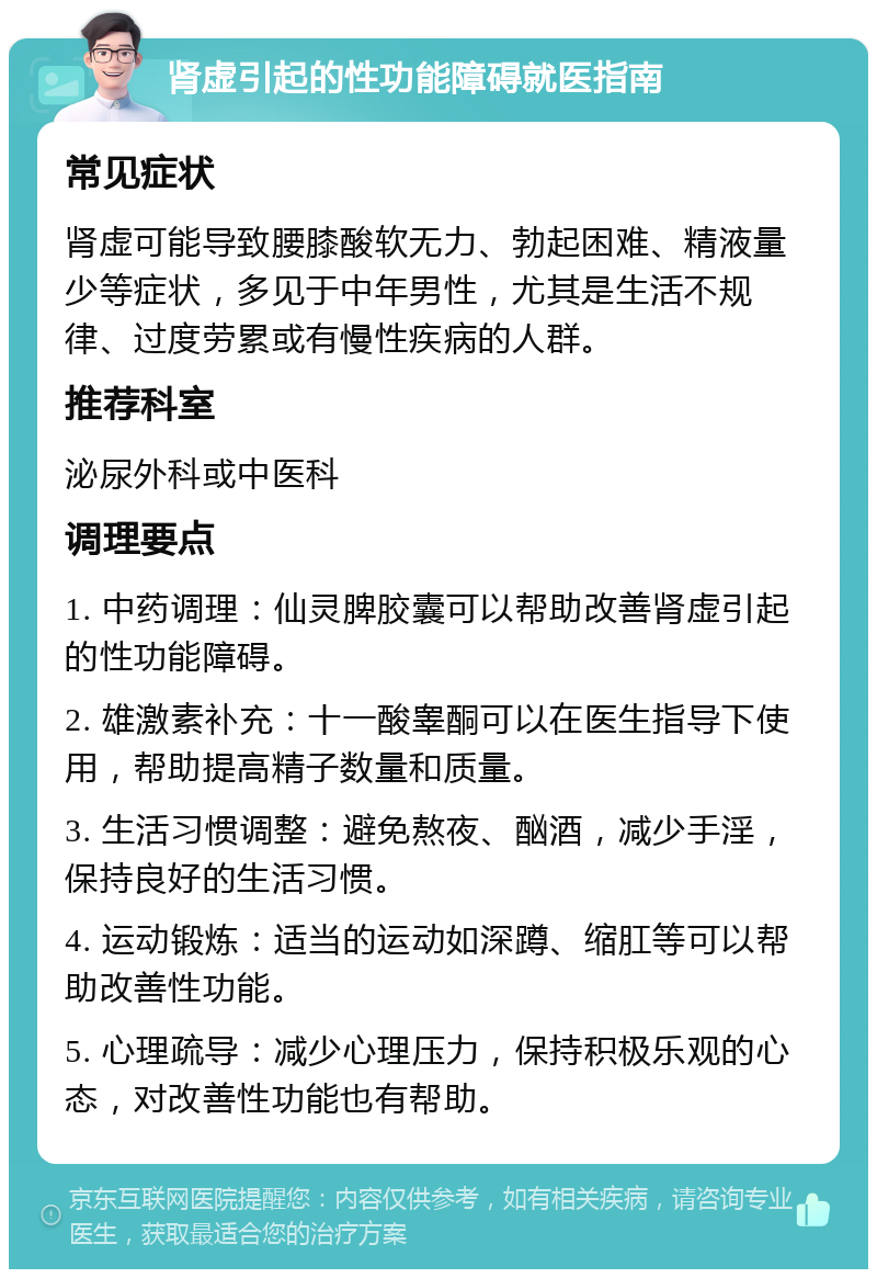 肾虚引起的性功能障碍就医指南 常见症状 肾虚可能导致腰膝酸软无力、勃起困难、精液量少等症状，多见于中年男性，尤其是生活不规律、过度劳累或有慢性疾病的人群。 推荐科室 泌尿外科或中医科 调理要点 1. 中药调理：仙灵脾胶囊可以帮助改善肾虚引起的性功能障碍。 2. 雄激素补充：十一酸睾酮可以在医生指导下使用，帮助提高精子数量和质量。 3. 生活习惯调整：避免熬夜、酗酒，减少手淫，保持良好的生活习惯。 4. 运动锻炼：适当的运动如深蹲、缩肛等可以帮助改善性功能。 5. 心理疏导：减少心理压力，保持积极乐观的心态，对改善性功能也有帮助。