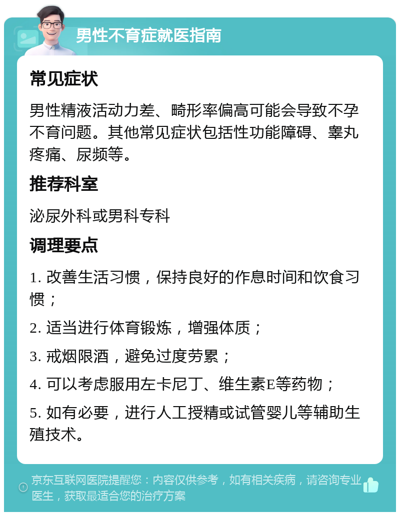 男性不育症就医指南 常见症状 男性精液活动力差、畸形率偏高可能会导致不孕不育问题。其他常见症状包括性功能障碍、睾丸疼痛、尿频等。 推荐科室 泌尿外科或男科专科 调理要点 1. 改善生活习惯，保持良好的作息时间和饮食习惯； 2. 适当进行体育锻炼，增强体质； 3. 戒烟限酒，避免过度劳累； 4. 可以考虑服用左卡尼丁、维生素E等药物； 5. 如有必要，进行人工授精或试管婴儿等辅助生殖技术。