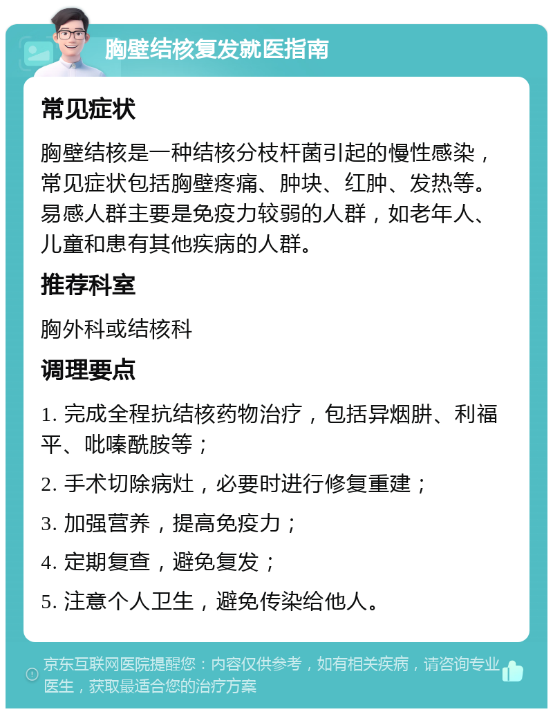 胸壁结核复发就医指南 常见症状 胸壁结核是一种结核分枝杆菌引起的慢性感染，常见症状包括胸壁疼痛、肿块、红肿、发热等。易感人群主要是免疫力较弱的人群，如老年人、儿童和患有其他疾病的人群。 推荐科室 胸外科或结核科 调理要点 1. 完成全程抗结核药物治疗，包括异烟肼、利福平、吡嗪酰胺等； 2. 手术切除病灶，必要时进行修复重建； 3. 加强营养，提高免疫力； 4. 定期复查，避免复发； 5. 注意个人卫生，避免传染给他人。