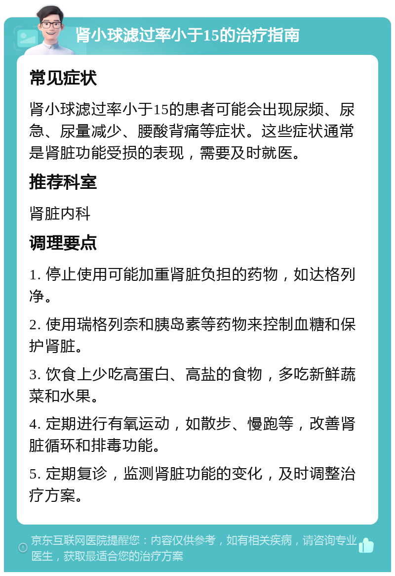 肾小球滤过率小于15的治疗指南 常见症状 肾小球滤过率小于15的患者可能会出现尿频、尿急、尿量减少、腰酸背痛等症状。这些症状通常是肾脏功能受损的表现，需要及时就医。 推荐科室 肾脏内科 调理要点 1. 停止使用可能加重肾脏负担的药物，如达格列净。 2. 使用瑞格列奈和胰岛素等药物来控制血糖和保护肾脏。 3. 饮食上少吃高蛋白、高盐的食物，多吃新鲜蔬菜和水果。 4. 定期进行有氧运动，如散步、慢跑等，改善肾脏循环和排毒功能。 5. 定期复诊，监测肾脏功能的变化，及时调整治疗方案。