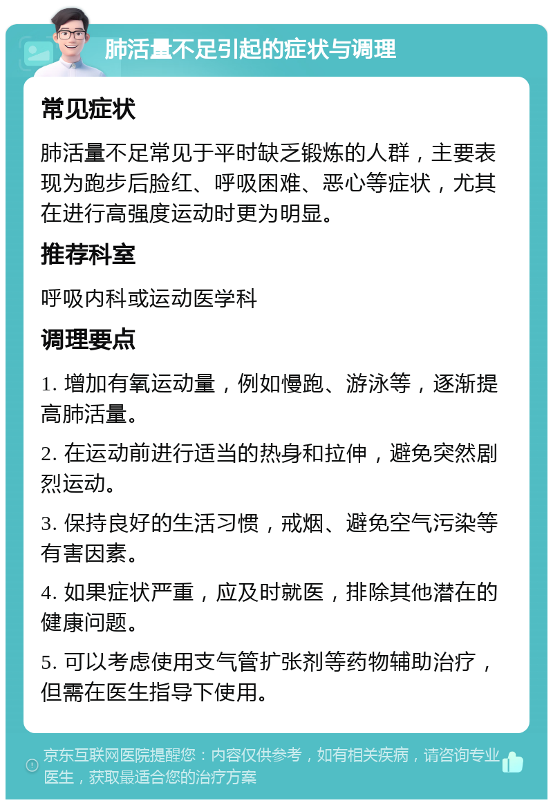 肺活量不足引起的症状与调理 常见症状 肺活量不足常见于平时缺乏锻炼的人群，主要表现为跑步后脸红、呼吸困难、恶心等症状，尤其在进行高强度运动时更为明显。 推荐科室 呼吸内科或运动医学科 调理要点 1. 增加有氧运动量，例如慢跑、游泳等，逐渐提高肺活量。 2. 在运动前进行适当的热身和拉伸，避免突然剧烈运动。 3. 保持良好的生活习惯，戒烟、避免空气污染等有害因素。 4. 如果症状严重，应及时就医，排除其他潜在的健康问题。 5. 可以考虑使用支气管扩张剂等药物辅助治疗，但需在医生指导下使用。