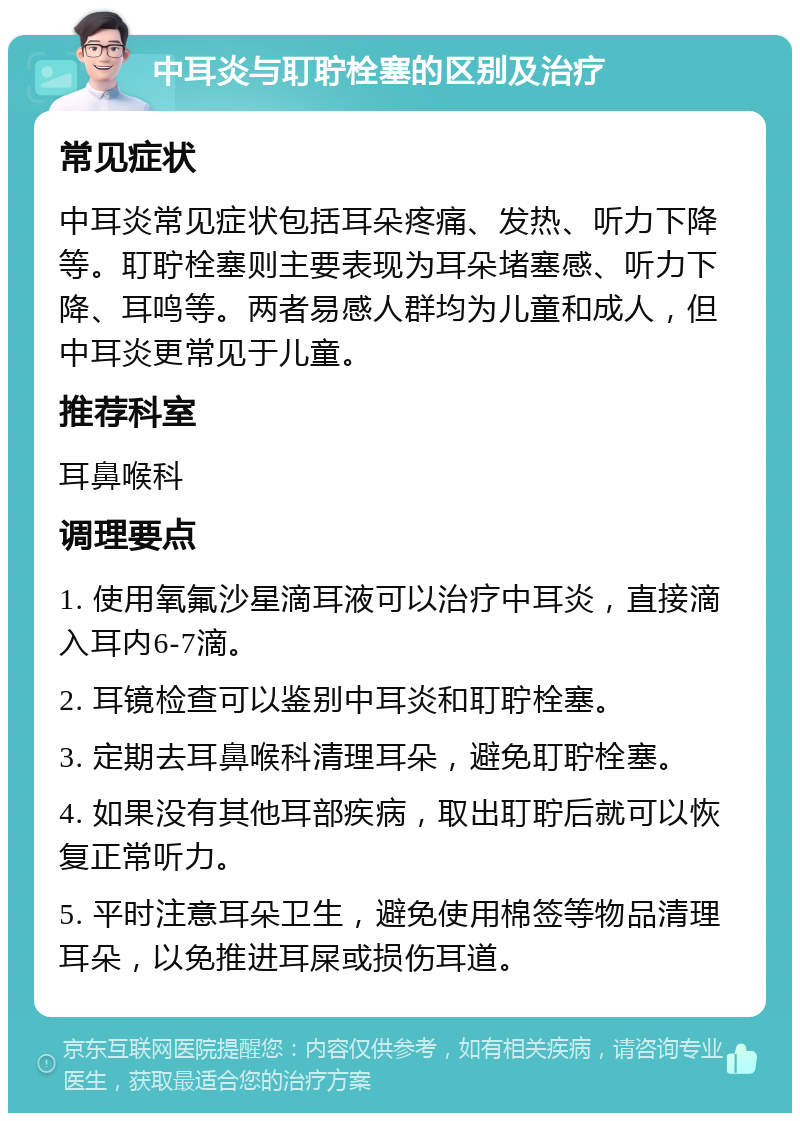 中耳炎与耵聍栓塞的区别及治疗 常见症状 中耳炎常见症状包括耳朵疼痛、发热、听力下降等。耵聍栓塞则主要表现为耳朵堵塞感、听力下降、耳鸣等。两者易感人群均为儿童和成人，但中耳炎更常见于儿童。 推荐科室 耳鼻喉科 调理要点 1. 使用氧氟沙星滴耳液可以治疗中耳炎，直接滴入耳内6-7滴。 2. 耳镜检查可以鉴别中耳炎和耵聍栓塞。 3. 定期去耳鼻喉科清理耳朵，避免耵聍栓塞。 4. 如果没有其他耳部疾病，取出耵聍后就可以恢复正常听力。 5. 平时注意耳朵卫生，避免使用棉签等物品清理耳朵，以免推进耳屎或损伤耳道。