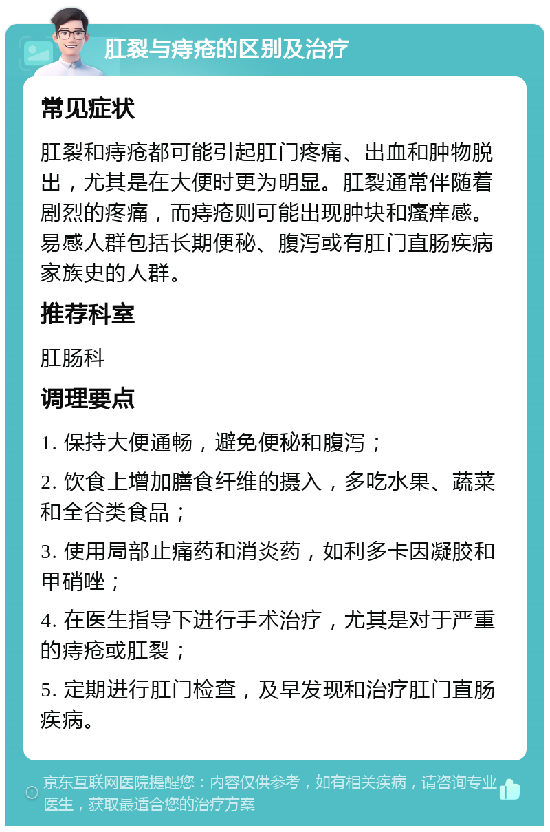 肛裂与痔疮的区别及治疗 常见症状 肛裂和痔疮都可能引起肛门疼痛、出血和肿物脱出，尤其是在大便时更为明显。肛裂通常伴随着剧烈的疼痛，而痔疮则可能出现肿块和瘙痒感。易感人群包括长期便秘、腹泻或有肛门直肠疾病家族史的人群。 推荐科室 肛肠科 调理要点 1. 保持大便通畅，避免便秘和腹泻； 2. 饮食上增加膳食纤维的摄入，多吃水果、蔬菜和全谷类食品； 3. 使用局部止痛药和消炎药，如利多卡因凝胶和甲硝唑； 4. 在医生指导下进行手术治疗，尤其是对于严重的痔疮或肛裂； 5. 定期进行肛门检查，及早发现和治疗肛门直肠疾病。