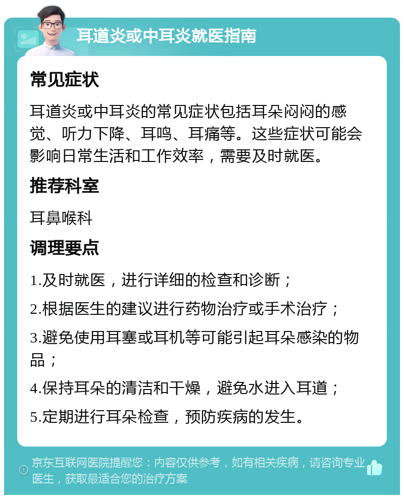 耳道炎或中耳炎就医指南 常见症状 耳道炎或中耳炎的常见症状包括耳朵闷闷的感觉、听力下降、耳鸣、耳痛等。这些症状可能会影响日常生活和工作效率，需要及时就医。 推荐科室 耳鼻喉科 调理要点 1.及时就医，进行详细的检查和诊断； 2.根据医生的建议进行药物治疗或手术治疗； 3.避免使用耳塞或耳机等可能引起耳朵感染的物品； 4.保持耳朵的清洁和干燥，避免水进入耳道； 5.定期进行耳朵检查，预防疾病的发生。