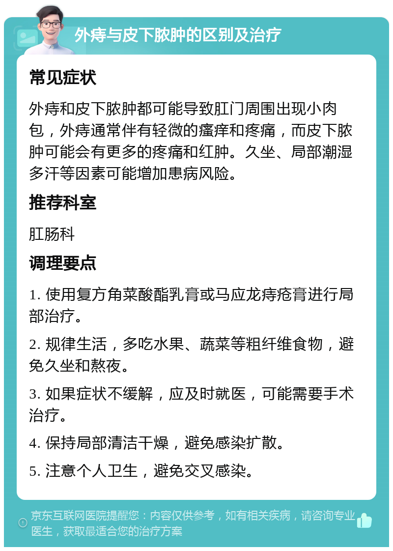 外痔与皮下脓肿的区别及治疗 常见症状 外痔和皮下脓肿都可能导致肛门周围出现小肉包，外痔通常伴有轻微的瘙痒和疼痛，而皮下脓肿可能会有更多的疼痛和红肿。久坐、局部潮湿多汗等因素可能增加患病风险。 推荐科室 肛肠科 调理要点 1. 使用复方角菜酸酯乳膏或马应龙痔疮膏进行局部治疗。 2. 规律生活，多吃水果、蔬菜等粗纤维食物，避免久坐和熬夜。 3. 如果症状不缓解，应及时就医，可能需要手术治疗。 4. 保持局部清洁干燥，避免感染扩散。 5. 注意个人卫生，避免交叉感染。