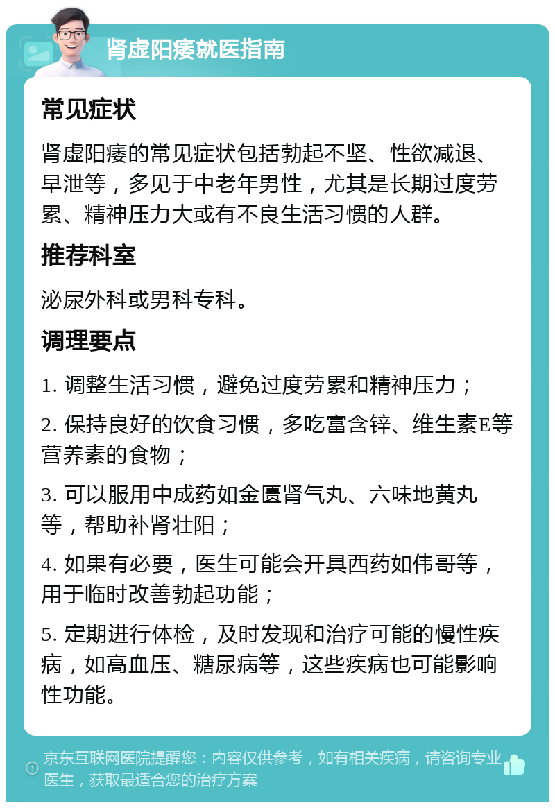 肾虚阳痿就医指南 常见症状 肾虚阳痿的常见症状包括勃起不坚、性欲减退、早泄等，多见于中老年男性，尤其是长期过度劳累、精神压力大或有不良生活习惯的人群。 推荐科室 泌尿外科或男科专科。 调理要点 1. 调整生活习惯，避免过度劳累和精神压力； 2. 保持良好的饮食习惯，多吃富含锌、维生素E等营养素的食物； 3. 可以服用中成药如金匮肾气丸、六味地黄丸等，帮助补肾壮阳； 4. 如果有必要，医生可能会开具西药如伟哥等，用于临时改善勃起功能； 5. 定期进行体检，及时发现和治疗可能的慢性疾病，如高血压、糖尿病等，这些疾病也可能影响性功能。