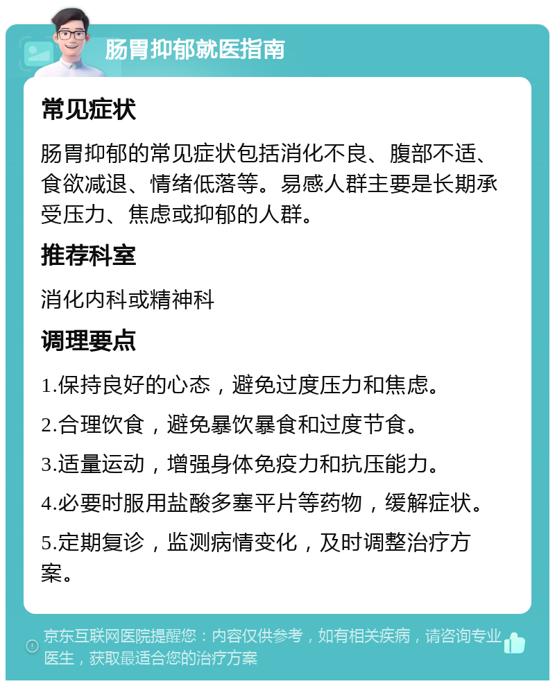 肠胃抑郁就医指南 常见症状 肠胃抑郁的常见症状包括消化不良、腹部不适、食欲减退、情绪低落等。易感人群主要是长期承受压力、焦虑或抑郁的人群。 推荐科室 消化内科或精神科 调理要点 1.保持良好的心态，避免过度压力和焦虑。 2.合理饮食，避免暴饮暴食和过度节食。 3.适量运动，增强身体免疫力和抗压能力。 4.必要时服用盐酸多塞平片等药物，缓解症状。 5.定期复诊，监测病情变化，及时调整治疗方案。