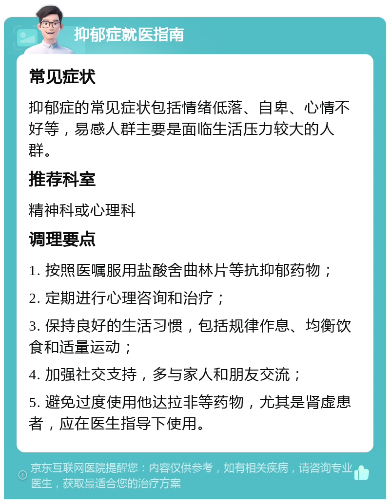 抑郁症就医指南 常见症状 抑郁症的常见症状包括情绪低落、自卑、心情不好等，易感人群主要是面临生活压力较大的人群。 推荐科室 精神科或心理科 调理要点 1. 按照医嘱服用盐酸舍曲林片等抗抑郁药物； 2. 定期进行心理咨询和治疗； 3. 保持良好的生活习惯，包括规律作息、均衡饮食和适量运动； 4. 加强社交支持，多与家人和朋友交流； 5. 避免过度使用他达拉非等药物，尤其是肾虚患者，应在医生指导下使用。