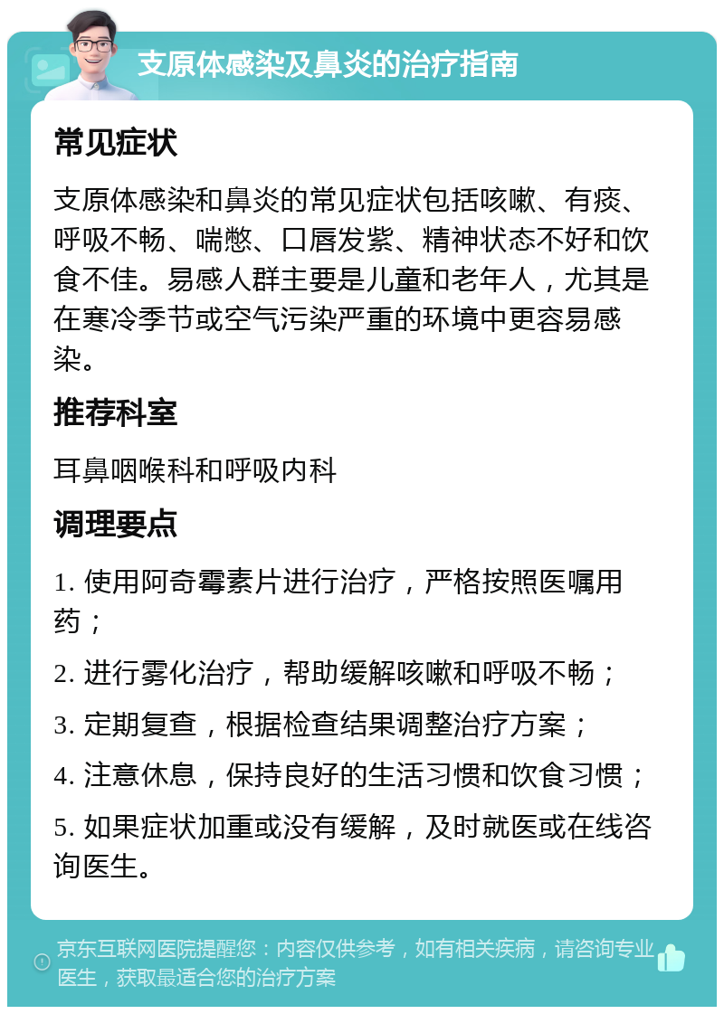 支原体感染及鼻炎的治疗指南 常见症状 支原体感染和鼻炎的常见症状包括咳嗽、有痰、呼吸不畅、喘憋、口唇发紫、精神状态不好和饮食不佳。易感人群主要是儿童和老年人，尤其是在寒冷季节或空气污染严重的环境中更容易感染。 推荐科室 耳鼻咽喉科和呼吸内科 调理要点 1. 使用阿奇霉素片进行治疗，严格按照医嘱用药； 2. 进行雾化治疗，帮助缓解咳嗽和呼吸不畅； 3. 定期复查，根据检查结果调整治疗方案； 4. 注意休息，保持良好的生活习惯和饮食习惯； 5. 如果症状加重或没有缓解，及时就医或在线咨询医生。